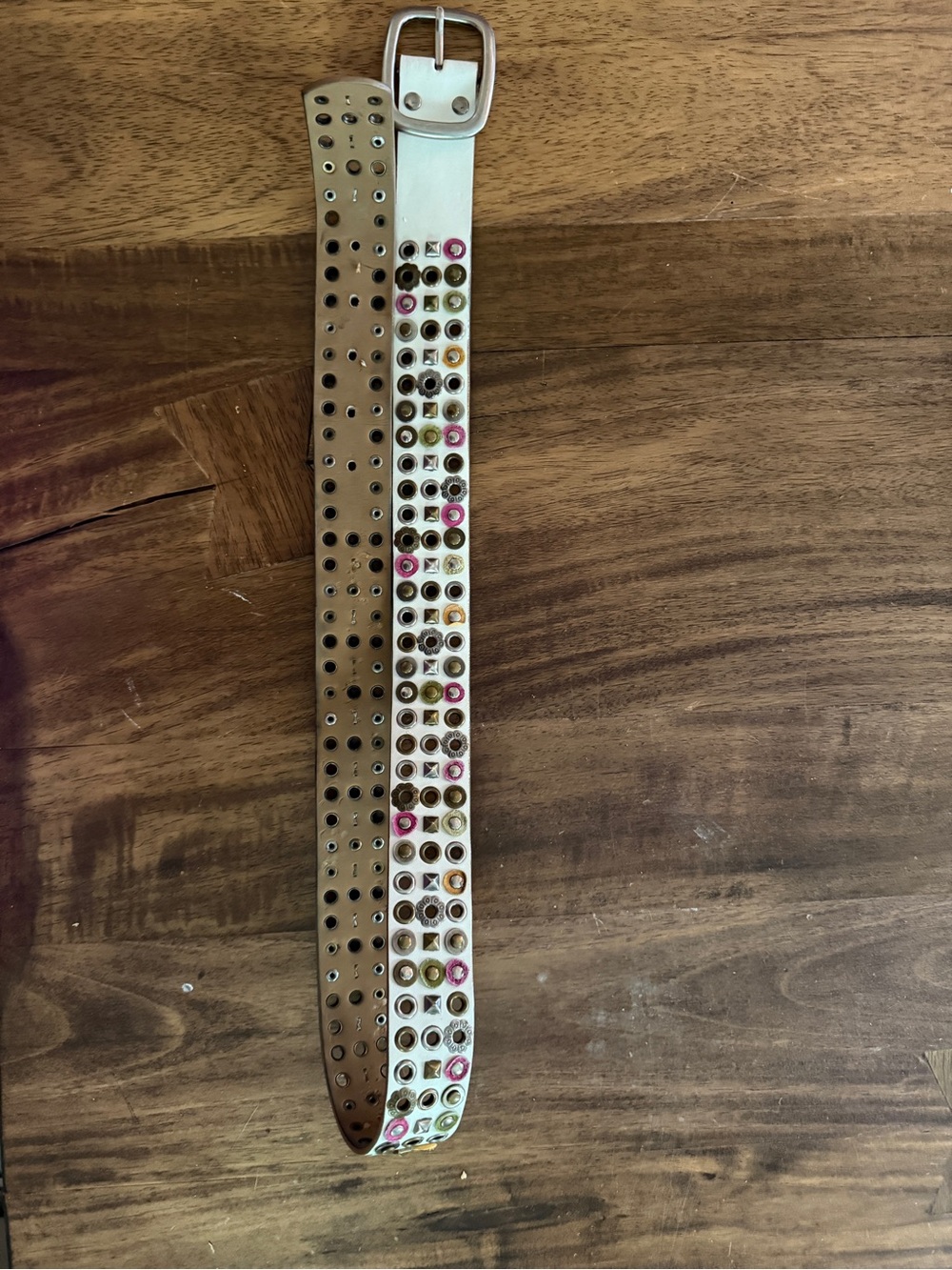 Studded White Leather Women's Belt with Pink and Gold Accents 41.5”
